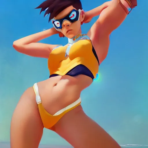 Prompt: full boy portrait of overwatch tracer wearing a sexy thong on the beach, artwork by sergey kolesov, medium shot, asymmetrical, organic painting, sunny day, matte painting, bold shapes, hard edges, street art, trending on artstation, by huang guangjian and gil elvgren and sachin teng