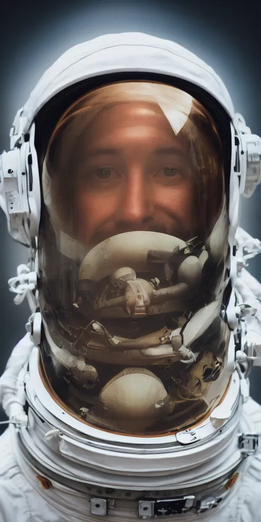 Prompt: closeup portrait photograph of an astronaut ghost, helmet, human head, portrait, hyper realistic, highly detailed, retrofuturism