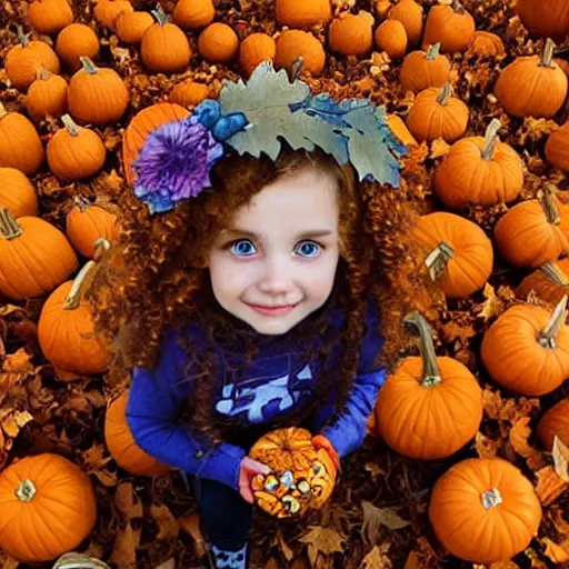 Image similar to a cute little girl with light brown wavy curly hair and blue eyes sitting amidst piles of pumpkins. beautiful cute highly detailed face. she is wearing a crown of autumn leaves. autumn and fall and halloween themed painting by artgerm and greg rutkowski and magali villanueve.