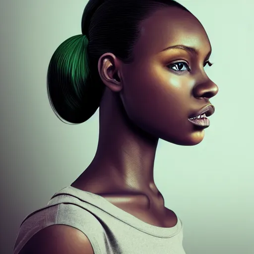 Image similar to intricate beautiful portrait of a cute thin young black woman, hair in a ponytail, very detailed emerald green eyes, red blush, casual clothes, relaxing on the couch, home interior, golden hour, close up shot, 8 k, hyperreal art by irakli nadar, hyperrealism, hyperdetailed, ultra realistic