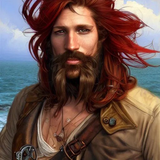 Image similar to rugged playful pirate, 3 0 years old, male, handsome, masculine, red hair, long hair, long beard, soft hair, fantasy, intricate, elegant, highly detailed, steampunk, airship, digital painting, artstation, concept art, character art, smooth, sharp focus, illustration, art by artgerm and greg rutkowski and alphonse mucha