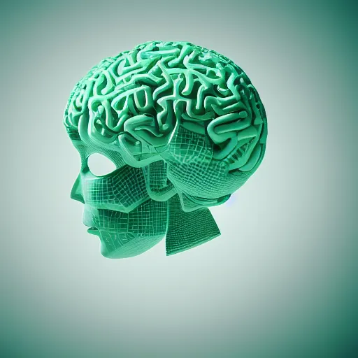 Prompt: 3d render of a cyborg brain suspended in mid air with a mint green background