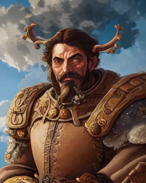 Image similar to digital painting of hernan cortes by filipe pagliuso and justin gerard, symmetric, fantasy, detailed, intricate, portrait, digital painting, sharp focus, tarot card, studio ghibli color scheme, handsome, concept art, alluring, game art, cel shading