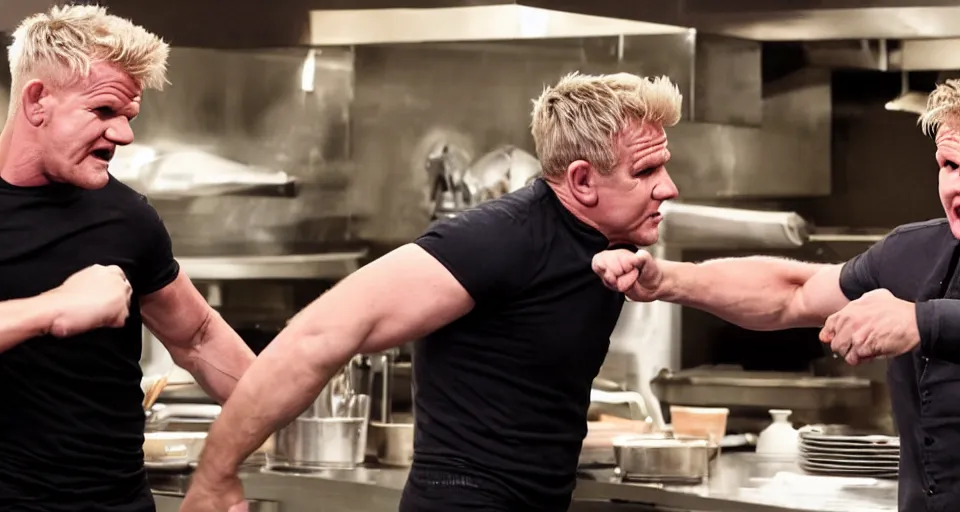 Image similar to photo of angry furious Gordon Ramsay punching Gordon Ramsay at the kitchen