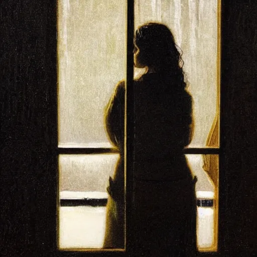 Image similar to silhouette of a woman gazing out her hotel window at the rain, extremely detailed masterpiece, oil on canvas, low-key neon lighting, in the world of Andrew Wyeth, artstation, by J. C. Leyendecker and Peter Paul Rubens,