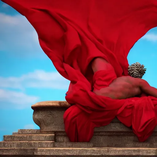 Image similar to a roman statue covered by red cloth that's blowing in the wind, digital art, concept art, cloth simulation with houdini, octane, redshift, 8 k