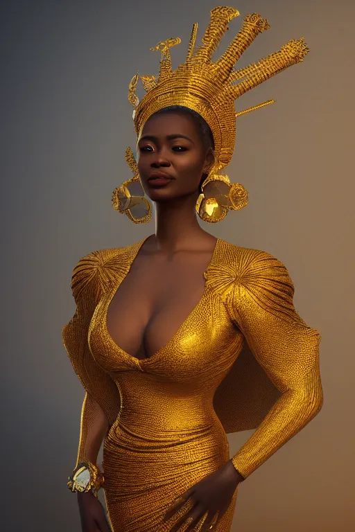 Image similar to a photorealistic portraitof a detailed african queen wearing a golden dress during her coronation worship, tarot, religious, backlit, hyperrealistic, ultrawide angle, smooth, texture, intricate, fantasy, trending on artstation, volumetric lighting, hyperdetailed, 3 d sculpture, unreal engine