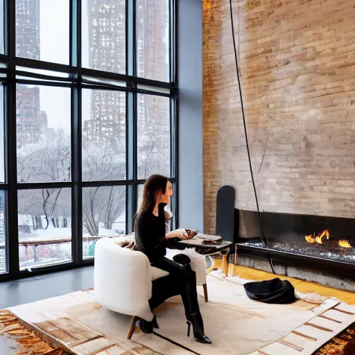 Image similar to modern loft overlooking central park in winter, snowing, fireplace roaring, woman sitting in modern leather chair looking out the window, warm lighting, blizzard outside, nyc