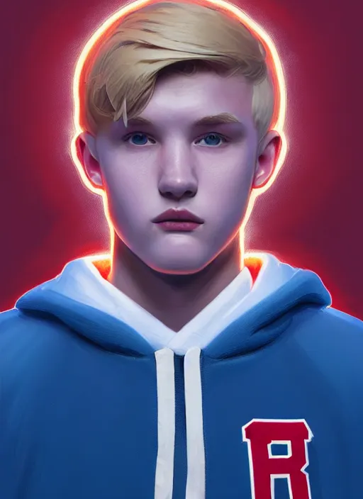 Image similar to portrait of high school senior boy named big moose, blonde short hair, jock, beefy, wide face, square jaw, square facial structure, blue varsity jacket with letter r, intricate, elegant, glowing lights, highly detailed, digital painting, artstation, concept art, sharp focus, illustration, art by wlop, mars ravelo and greg rutkowski