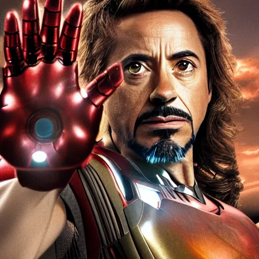 Image similar to iron man Jesus, UHD, hyperrealistic render, 4k, highly detailed