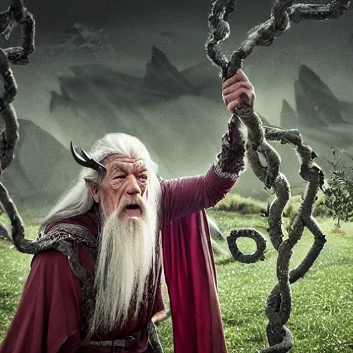 Prompt: the evil ian mckellen as gandalf in a dark viking hood playing odin all father crafting the plant of life with vines, the ethereal colourful universe in the background, highly detailed, cinematic shot, cinematic lighting, 8 k, exquisit facial detail, magical realism painting, chiaroscuro, dark painting.