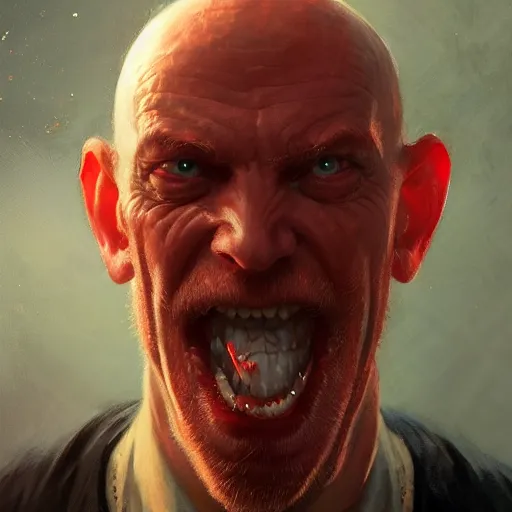 Image similar to portrait of a red bald man with black eyes and a black teeth, horror, glowing eyes, by Stanley Artgerm Lau , greg rutkowski, thomas kindkade, alphonse mucha, loish, norman rockwell. Trending on artstation detailed illustration hd 4k