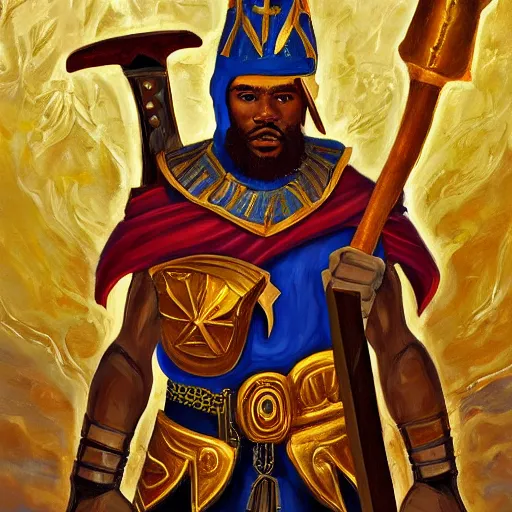 Prompt: Hejabon the Justicar wielding a magnificent hammer of gold and ebony, d&d, oil painting, magnificent, holy warrior, powerful, colorful, bright