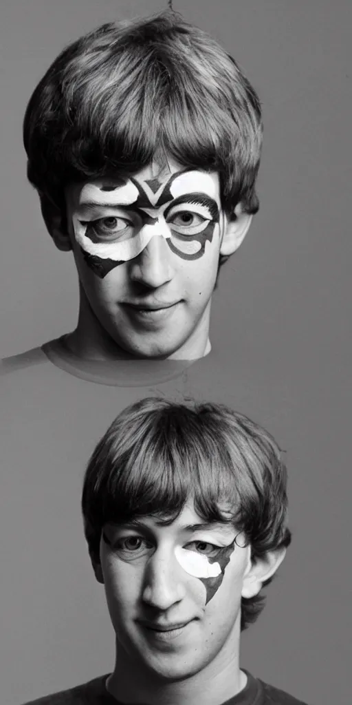 Image similar to Marc Zuckerberg with Beatles hair bowl cut with face painted bright white raising one eye brow