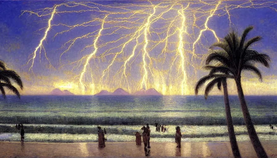 Image similar to a ultradetailed beautiful painting of the thunder sky of the rio de janeiro palace balustrade designed by jules bastien - lepage, tarsila do amaral, frank weston and gustave baumann, beach, trending on artstation, mediterranean, palm trees, sharp focus, lightning sparkles refraced lines, soft light, 8 k 4 k