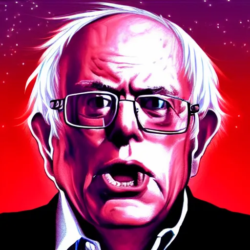 Image similar to bernie sanders with laser beams coming out of his eyes, synthwave