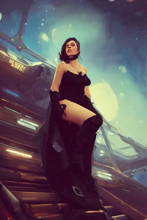 Prompt: a woman in a black dress and thigh highs in a steampunk spaceship, digital art, beautiful lighting, by jeremy lipking, by dan mumford, fantasy art, composition, beautiful face, expressive oil painting, octane render, steampunk, 4 k