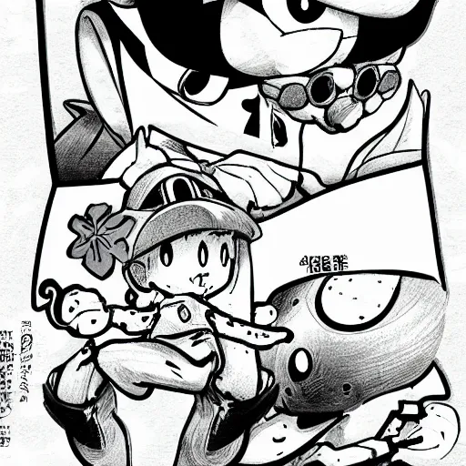 Image similar to mouse, illustrated by mato and ken sugimori, manga, black and white illustration