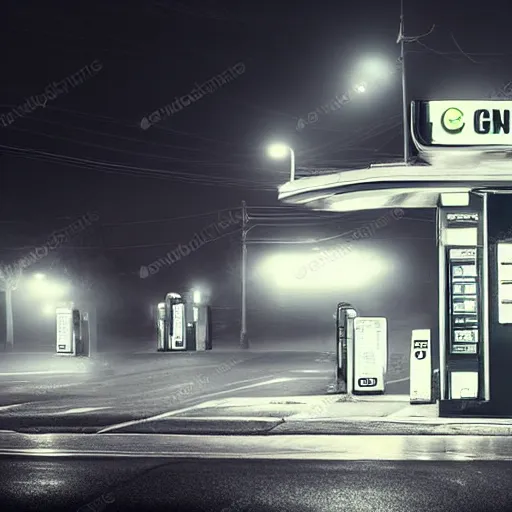 Image similar to a convenience store at a gas station in the dark and misty night, observed from afar in the fog, cyberpunk style ( 2 0 6 0 )