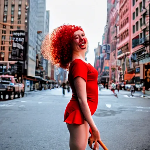 Image similar to a girl with a giant smile:: red hair:: freckles:: septum jewelry:: fair skin:: tattered ballet clothes:: she is holding a large sword:: standing in a busy street:: in New York city:: wide angle:: tilt shift lens:: full body:: long shot:: volumetric lighting:: cinematic:: 8K:: octane render:: trending on artstation:: hyper realistic:: photo realistic:: extreme detail::