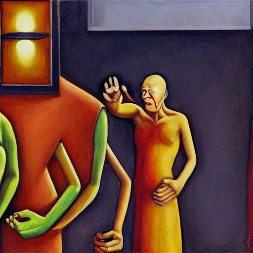 Image similar to one - eyed monks, omniscient, dystopian, pj crook, edward hopper, oil on canvas