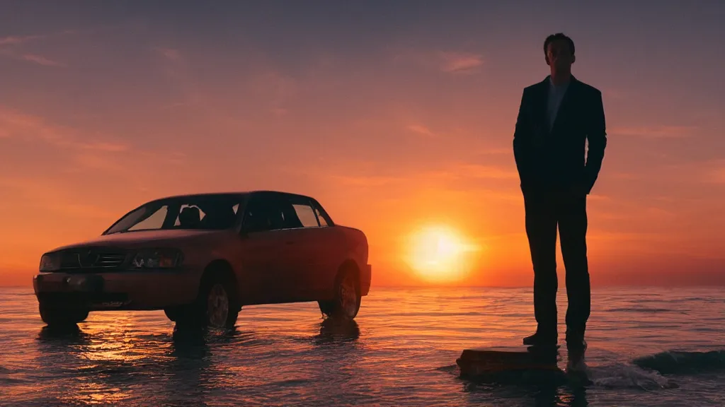 Image similar to a movie still of a man standing on a car while driving through the ocean at sunset, golden hour