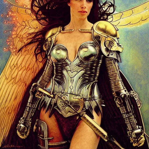 Image similar to half length portrait of a winged, armored female valkyrie with a flaming sword, d & d, fantasy, luis royo, magali villeneuve, donato giancola, wlop, krenz cushart, hans zatka, klimt, alphonse mucha