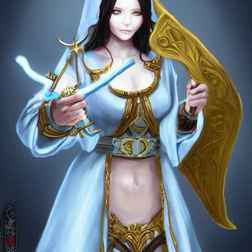 Prompt: female full body demon nun holding fantasy gun concept art, light blue cleric robe with golden embroidery, nun veil cover with horns on top, dark fantasy game character design concept, in shoo art, miukumauk art, loputyn, billelis, srasa