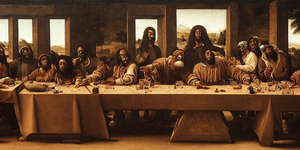 Image similar to a portrait of mac dre, e 4 0, keak da sneak, and the cut throat committee at the table like the last supper by leonardo da vinci. mac dre sits at the center. to his left, in the position of judas, is tech 9.