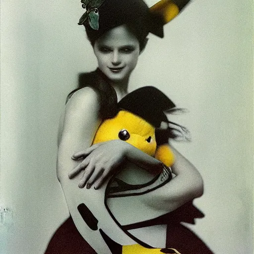 Image similar to elegant woman dressed up as pikachu, art photo by Annie Liebovitz and Alphonse Mucha