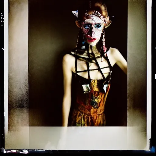 Image similar to kodak portra 4 0 0, wetplate, photo of a surreal artsy dream scene,, weird fashion, in the nature, highly detailed face, very beautiful model, portrait, expressive eyes, close up, extravagant dress, carneval, animal, wtf, photographed by paolo roversi style and julia hetta