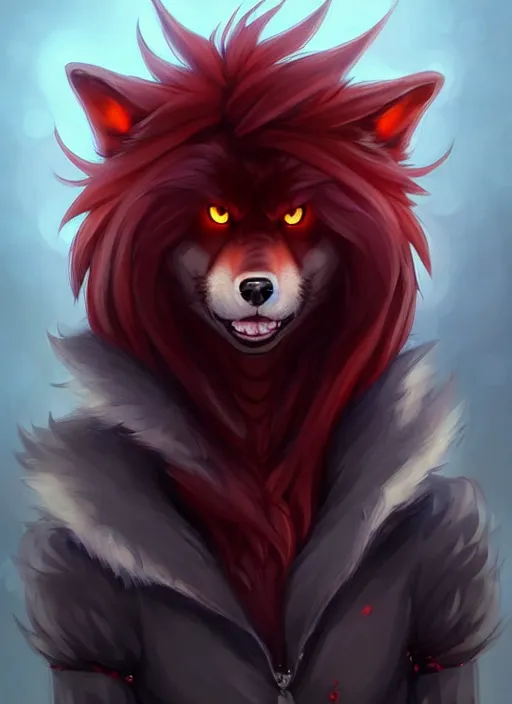 Image similar to character concept art of a black anthropomorphic furry male wolf long red hair | | cute - fine - face, pretty face, key visual, realistic shaded perfect face, fine details by stanley artgerm lau, wlop, rossdraws, james jean, andrei riabovitchev, marc simonetti, and sakimichan, trending on artstation