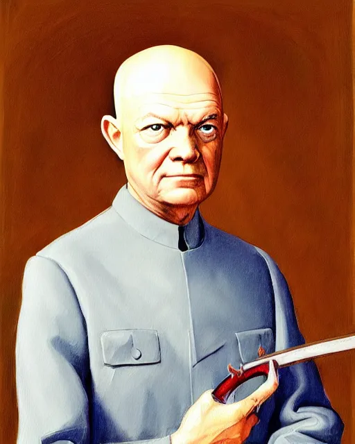 Prompt: a painting of a dwight eisenhower holding a sword, a character portrait by quirizio di giovanni da murano, reddit, antipodeans, ilya kuvshinov, official art, tarot card