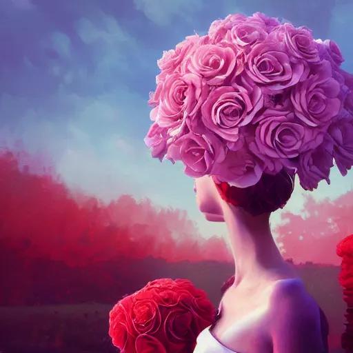 Image similar to closeup, huge rose flower head, frontal, a girl with suit, surreal photography, sunrise, dramatic light, impressionist painting, digital painting, artstation, simon stalenhag