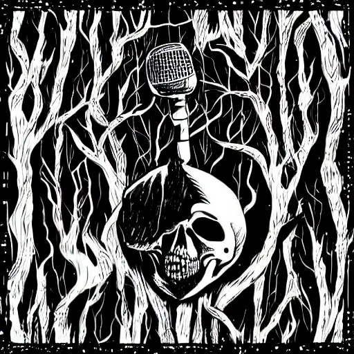 Image similar to dark death metal themed vector illustration for a record label, trees. forest, spikes, skull, microphone, skull, award winning, grunge, iconic, golden ratio