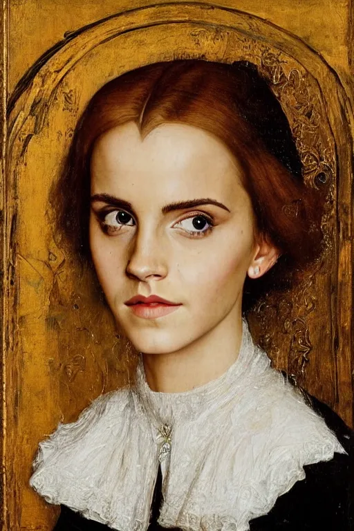 Prompt: stunning portrait of emma watson, oil painting by jan van eyck, northern renaissance art, oil on canvas, wet - on - wet technique, realistic, expressive emotions, detailed textures, illusionistic detail