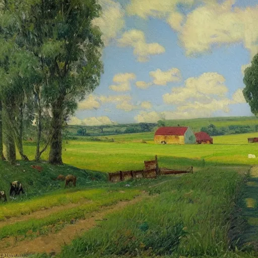 Prompt: a pastoral, bucolic painting shows a farm in a rural area, a painting by john fabian carlson, featured on cg society, american scene painting, impressionism, oil on canvas, windows xp