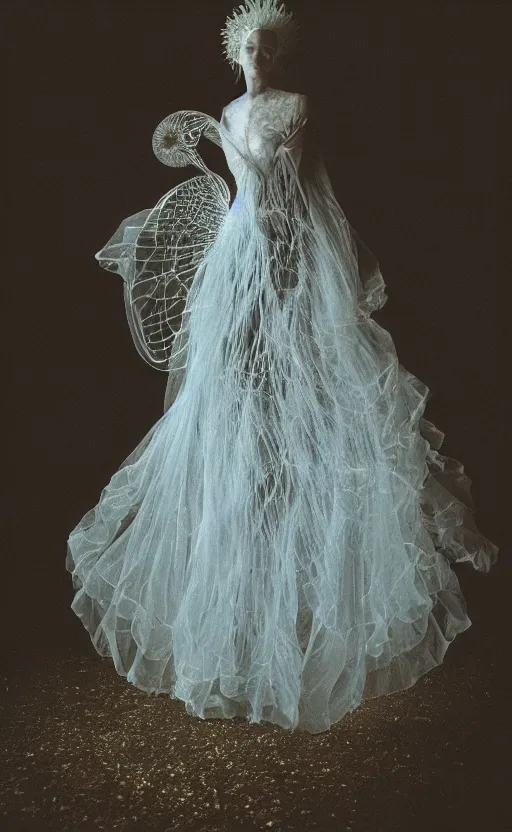 Image similar to Fashion photography of a woman wearing a dress inspired by a jellyfish, artistic photography, insanely detailed, chiaroscuro, cinestill 800t, Vogue magazine