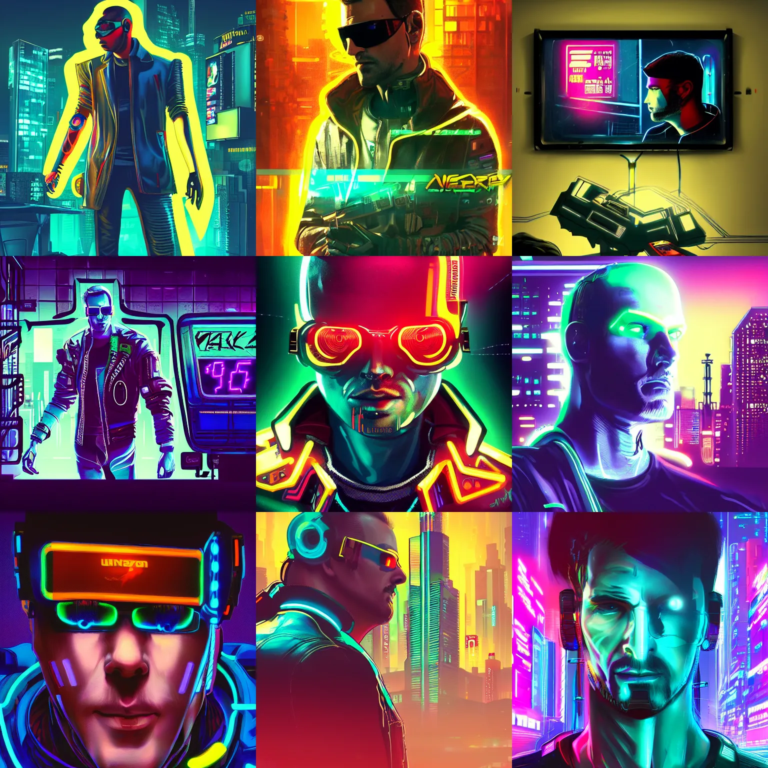 Prompt: beautiful cyberpunk artwork of a man with a 8 0's tv screen instead of his head, neon lights, neon city, cyberpunk 2 0 7 7, deviantart, artstation
