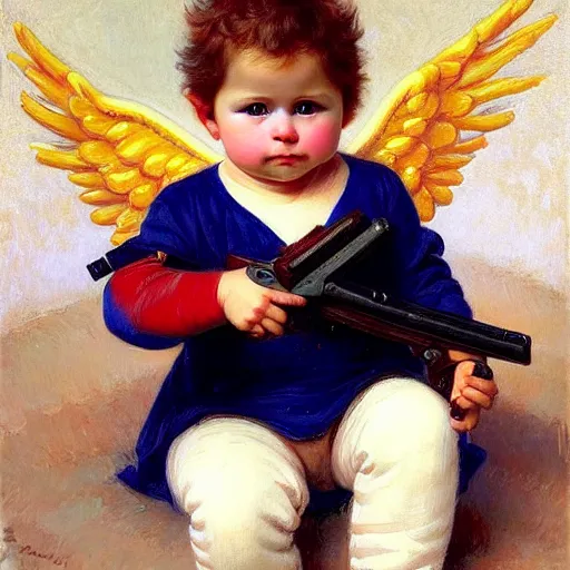 Prompt: full body portrait of a baby cupid with angel wings wearing balaclava mask, holding a gun, emile munier 1 8 9 5, french, cupid, boy, angel, painting, global illumination, radiant light, detailed and intricate environment h 6 4 0
