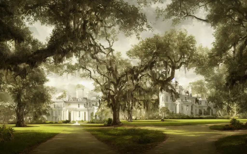 Prompt: a southern plantation, ornate large white manor house, long tree-lined driveway, romanticism, hyperdetailed, artstation, cgsociety, 8k, masterpiece