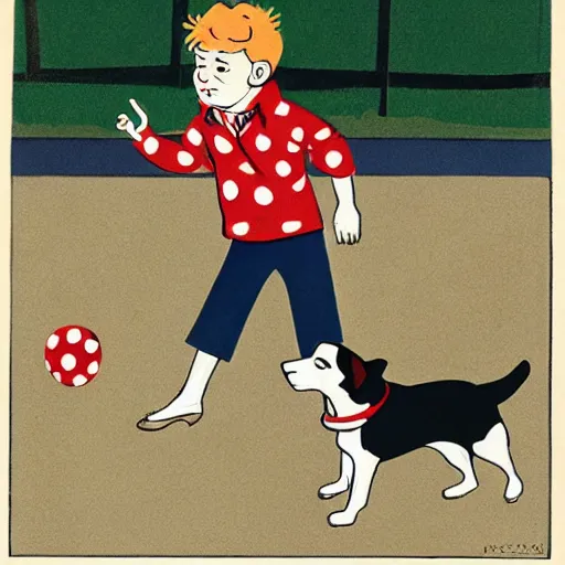 Image similar to book illustration of a french boy on the streets of paris playing football against a corgi, the dog is wearing a polka dot scarf, 1 9 6 6