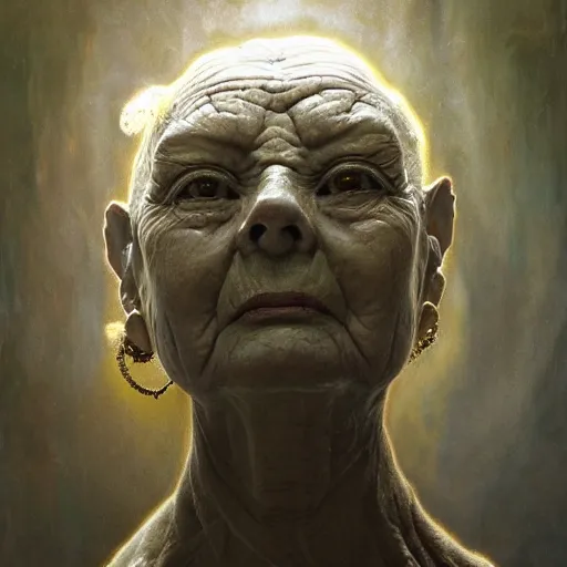 Image similar to hyperrealist portrait of an ancient old alien woman with three heads standing in a vast empty space with mounds of clay here and there by jeremy mann and alphonse mucha and stan lee, fantasy art, photo realistic, dynamic lighting, artstation, poster, volumetric lighting, very detailed faces, award winning, full face, symmetry