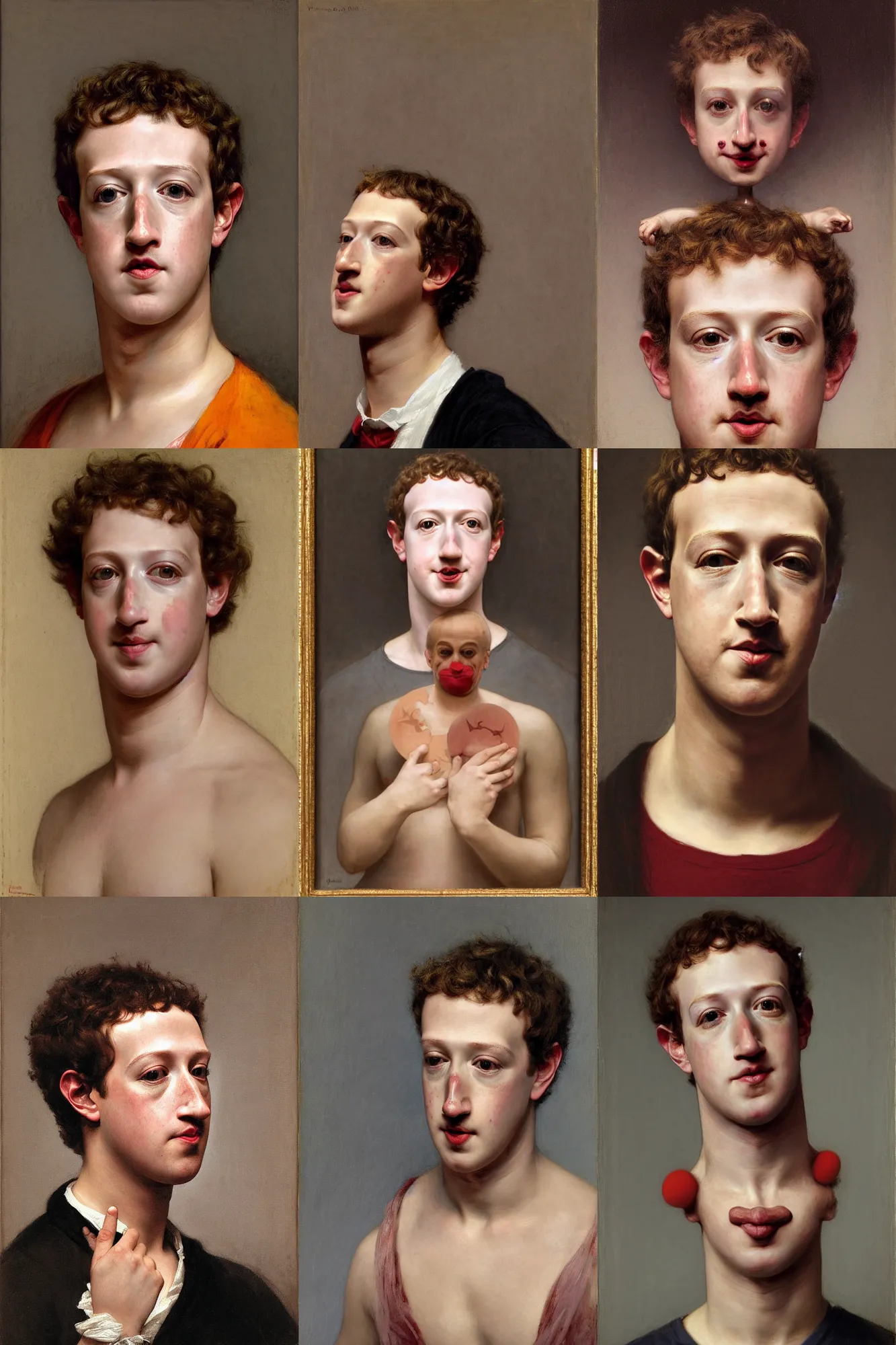 Prompt: detailed portrait of mark zuckerberg as a clown by william - adolphe bouguereau, elizabeth jane gardner, alexandre cabanel, jean auguste dominique ingres, tony robert - fleury, john william waterhouse, francois - edouard picot, gustave courbet