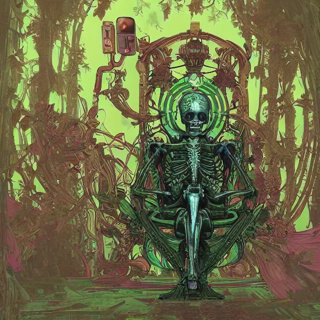 Image similar to a beautiful painting of a ( ( cybernetic ) ) skeleton king, resting on a throne of transparent green energy by simon stalenhag and pascal blanche and alphonse mucha! and nekro!. in style of digital art. colorful comic, film noirs!, symmetry, hyper detailed. octane render. trending on artstation