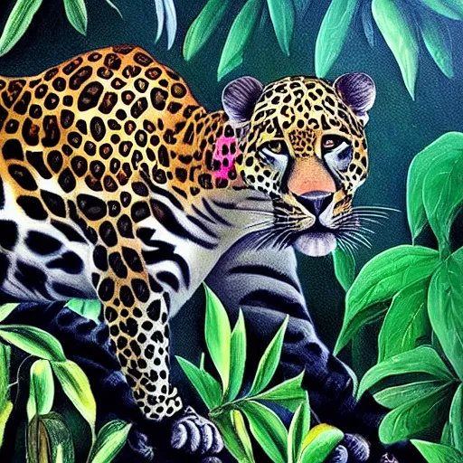 Prompt: jungle leopard. douanier rousseau style. douanier rousseau style. vibrant. amazing painting. beautiful. high resolution. highly realistic. cool tones. close - up.