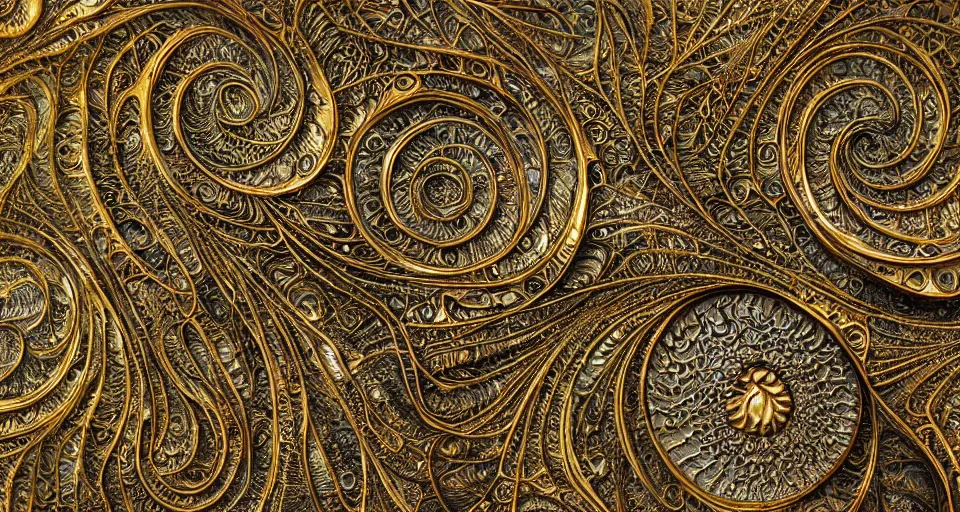 Image similar to Extreme close up of intricate fractal, Bronze luscious ridged problems by Jacek Yerka and Ernst Haeckel, oil painting, cgsociety, abstract fractal art