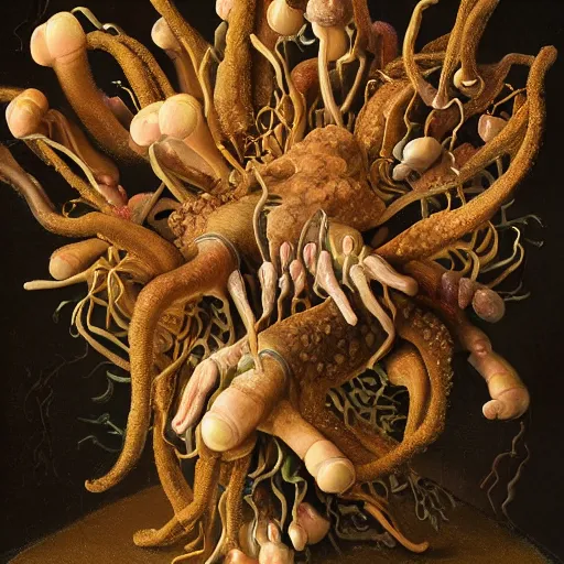 Image similar to disgusting disturbing dutch golden age bizarre mutant insect flower floral still life with many human toes realistic human toes blossoming everywhere very detailed fungus tumor disturbing tendrils bizarre slimy forms sprouting up everywhere by rachel ruysch black background chiaroscuro dramatic lighting perfect composition high definition 8 k 1 0 8 0 p