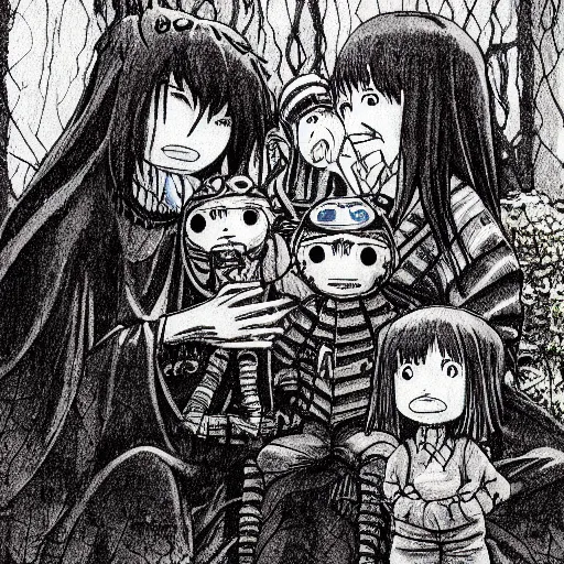 Prompt: monster lurking behind a happy family by studio ghibli, color, highly detailed, detailed, intricate, scary, horror, eerie, nightmares, dark, dramatic, 8 k