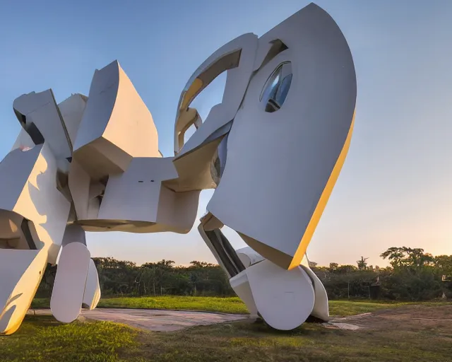 Prompt: photo of minimalist abstract cubist sculpture of curvy spaceship with random small mecha mayan decorations, covered with few large white airplane parts with windows and doors, gigantic size, sunset lighting by a pool